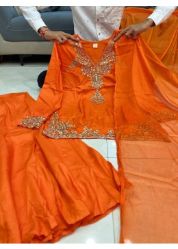 Vibrant Orange Sharara Suit: Premium Silk Kurti with Intricate Zari Embroidery & Flowy Georgette Bottom Set