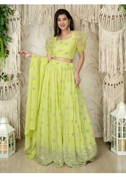 Designer Lime Green Lehenga Set: All-Over Sequin Butti Work with Heavy Embroidery Border & Organza Puff Sleeves