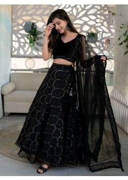 Designer Black Lehenga Choli: All-Over Mirror Embroidery, Flared Georgette Skirt with Elegant Net Dupatta
