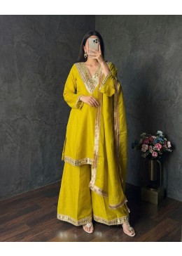  KR 1012 Designer Yellow Georgette Sharara Set with Intricate Mirror Embroidery Border Dupatta for Women