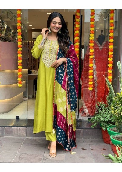 Elegant Lime Green Chanderi Kurta Set with Embroidered Neck and Contrast Dupatta Festive Wear