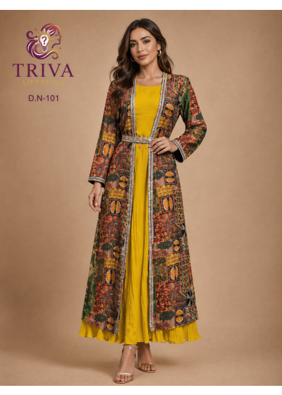 Triva -101 Women’s Mustard Yellow Anarkali Kurta Set with Printed Jacket & Dupatta Look