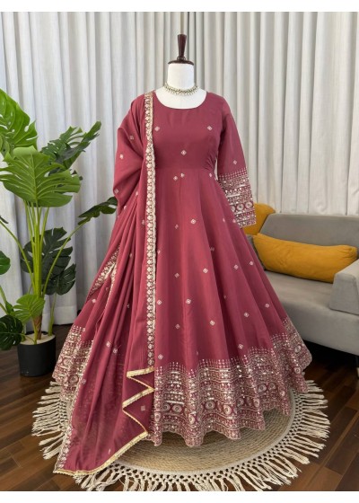 Traditional Wine Anarkali Set Full Flare Gown sathe Heavy Work Sleeves ane Dupatta