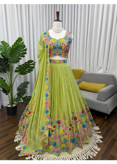 Floral Bloom Lehenga: Vibrant Pista Green Georgette with Colorful Thread Work 