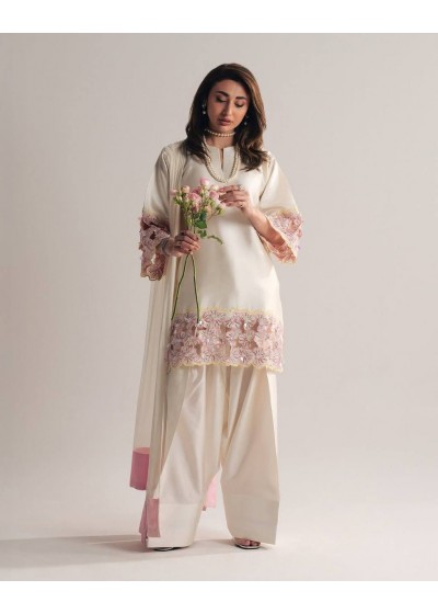 NSR 889 Elegant Pakistani Salwar Suit in Cream with Pink Embroidered Floral Work