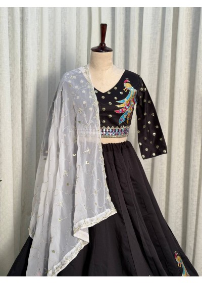 Premium Black Peacock Embroidered Lehenga Choli Set with Designer Net Dupatta for Women