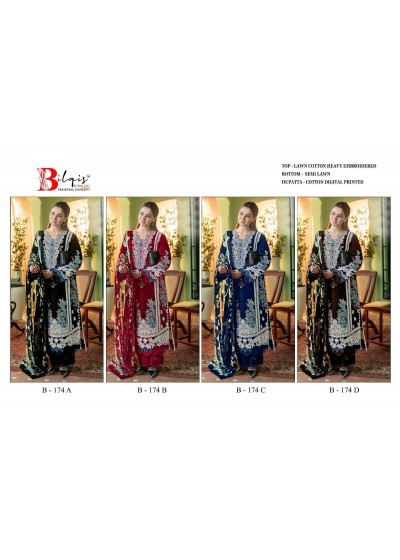  BILQIS 174A TO D PAKISTANI LAWN COTTON HEAVY EMBROIDERED SEMI STICHAD SALWAR SUIT