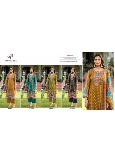 AT 142 HEAVY PAKISTANI PRINTED VISCOSE MASLIN COTTON SUITS