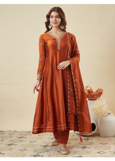 Elegant Rust Orange Vichitra Silk Anarkali Set with Embroidery Sequence Work Festive Wear Outfit